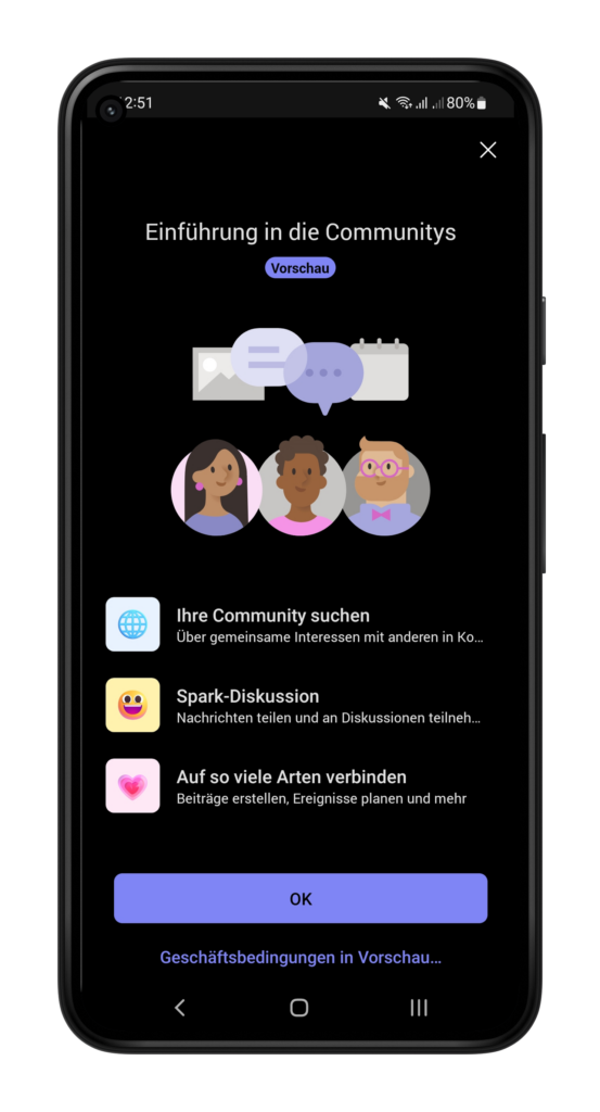 Hauptbildschirm von Community Modul in der Teams-App